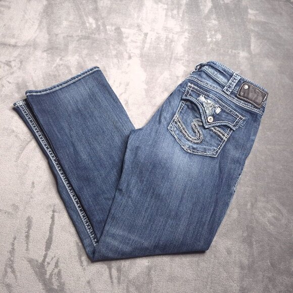 Silver Jeans Womens Suki Flap 17" Bootcut Jeans 34 Medium Wash Low Rise Altered - Picture 1 of 10